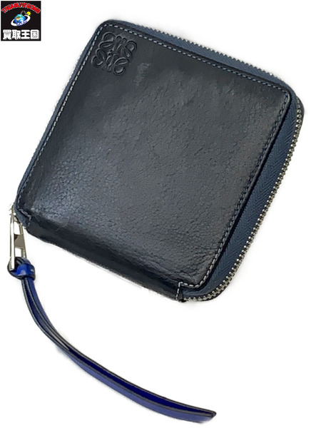 LOEWE ラウンドファスナー コンパクトウォレット ブラック×ブルー系 本体のみ ロエべ アナグラム 財布 2つ折り財布 スクエア ジップ 