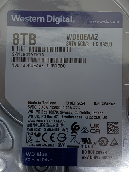Western Digital 内蔵 HDD ハードディスク 8TB WD80EAAZ 外箱開封 内袋未開封 未使用品 ウエスタンデジタル