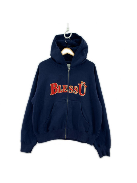 BLESSU  ロゴ刺繍 ヘビーオンス ジップパーカー Ｍ ネイビー
