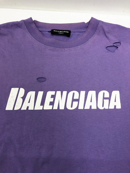 BALENCIAGA 21SS デストロイ加工 ロゴプリントＴシャツ パープル