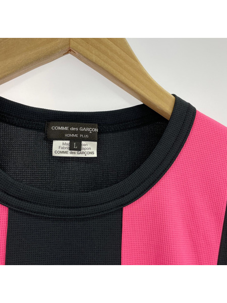 COMME des GARCONS  HOMME PLUS LSストライプTEE L ブラック ピンク