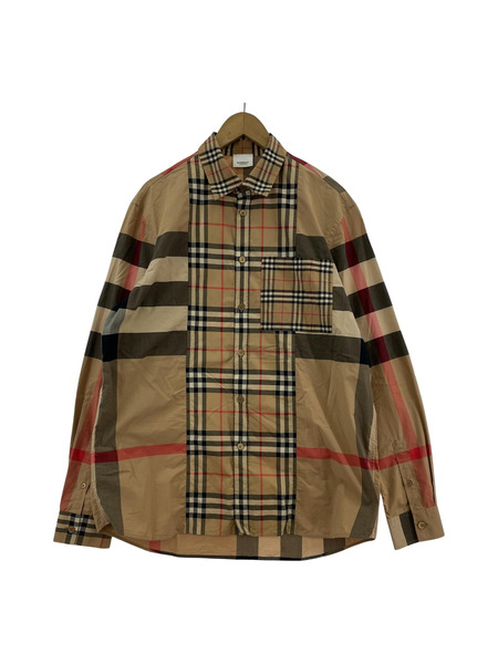 BURBERRY LONDON ENGLAND ノバチェック パッチワーク L/Sシャツ ベージュ SIZE:M