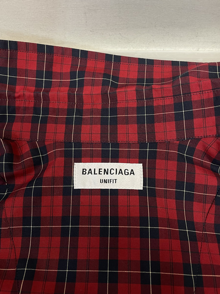 BALENCIAGA ロゴ刺繍 オーバーサイズチェックシャツ XXS 赤 NC35 681004