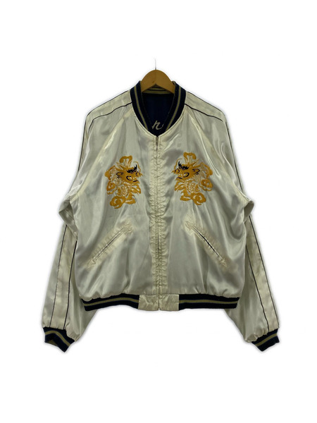 東洋エンタープライズ ブルゾン・ジャンパー スーベニア サテン スカル 髑髏 龍 青白 (XL)