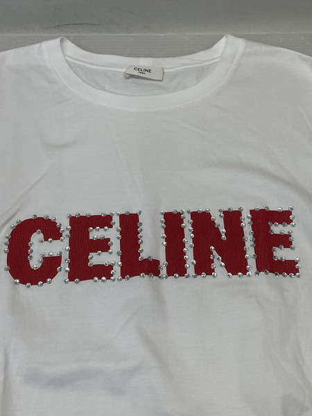 CELINE Logo Rhinestone Cotton Loose Tee M 白