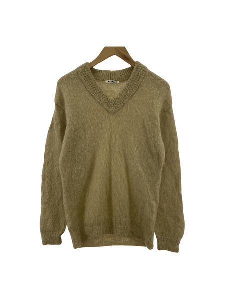 AURALEE BRUSHED SUPER KID MOHAIR KNIT V-NECK ベージュ 0[値下]