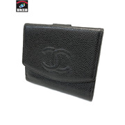 コンパクトウォレット CHANEL キャビアスキン Wホック 黒