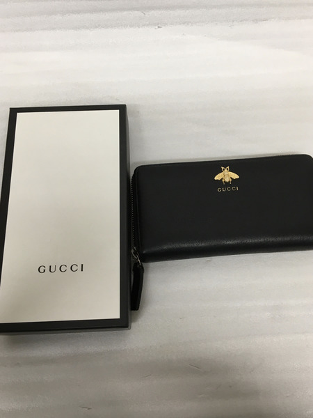 GUCCI グッチ　アニマリエレザー ラウンドファスナー 長財布 523667 黒