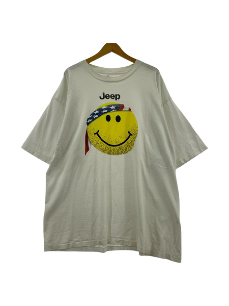 90s JEEP USA製 両シングル スマイリーフェイス プリントTee 2XL 白 ALORE