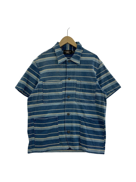 RRL ボーダー4ポケットシャツジャケット M ブルー系