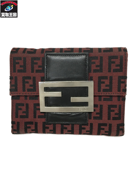 FENDI/3つ折り財布/ズッカ柄/赤黒/イタリア製