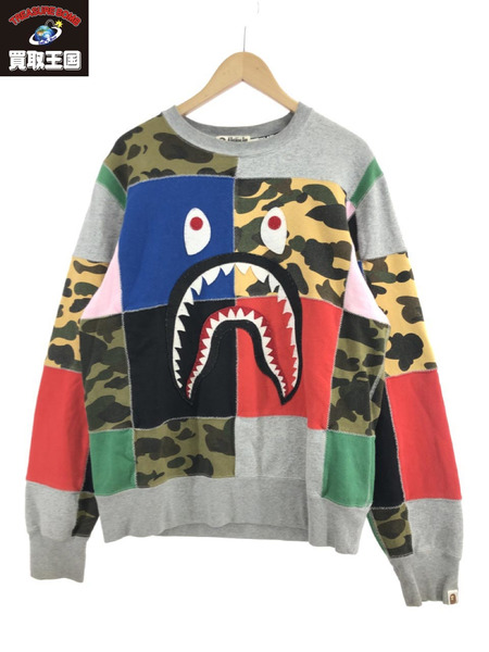 A BATHING APE PATCHWORK SHARK WIDE CREWNECK L