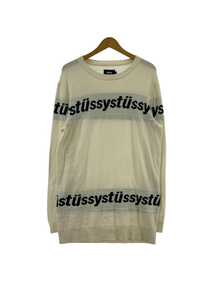 STUSSY ニット・セーター ロゴ ボーダー アクリル混 白