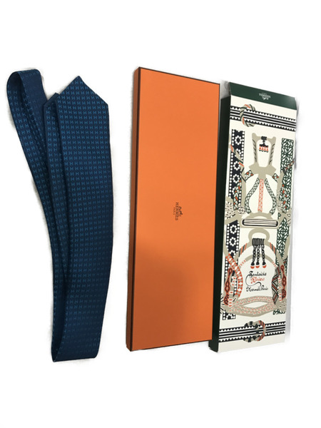 小物 HERMES H柄 シルクネクタイ 青