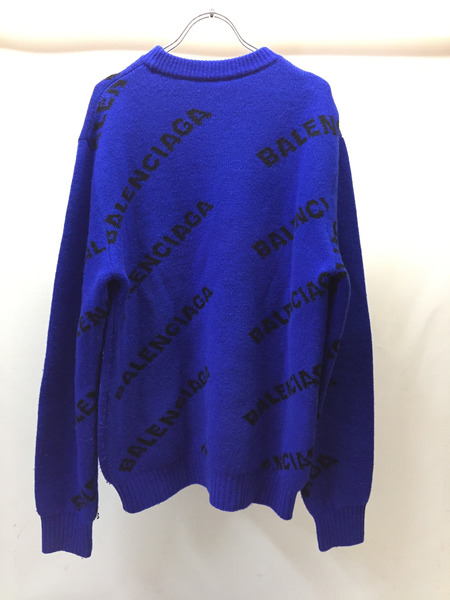 BALENCIAGA 19AW ALLOVER LOGO KNIT オールオーバーロゴニット M ブルー