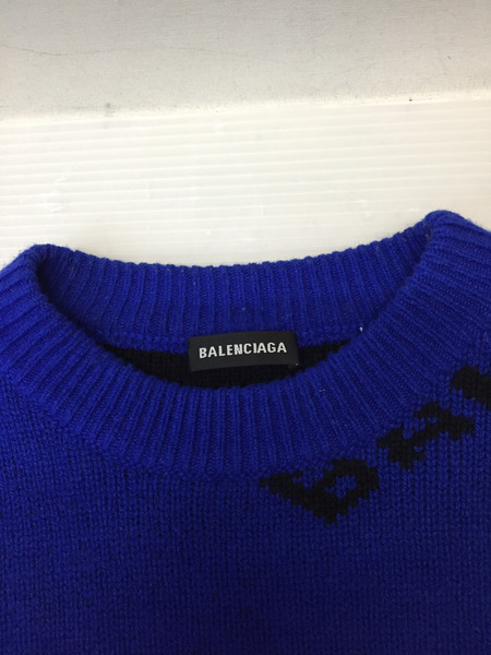 BALENCIAGA 19AW ALLOVER LOGO KNIT オールオーバーロゴニット M ブルー