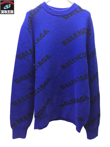 BALENCIAGA 19AW ALLOVER LOGO KNIT オールオーバーロゴニット M ブルー