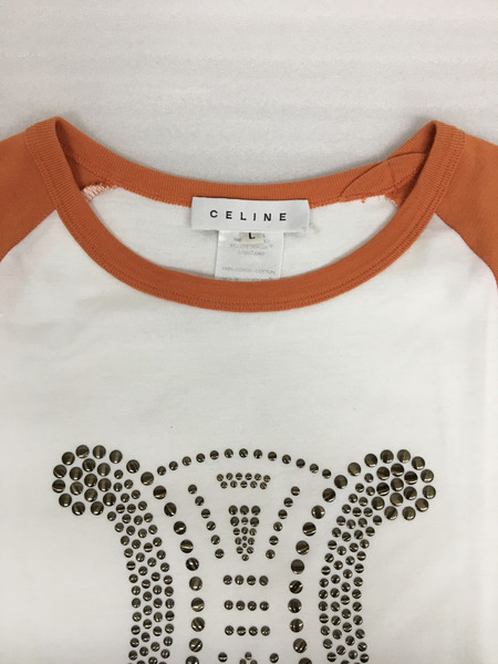 CELINE　レディースラグ衣料 トリオンフロゴ スタッズ Tシャツ (L) 白オレンジ