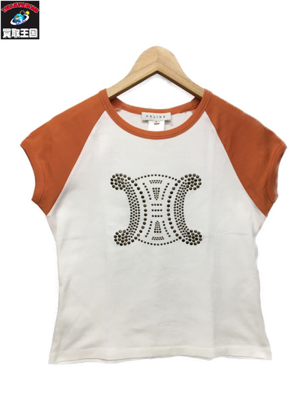 CELINE　レディースラグ衣料 トリオンフロゴ スタッズ Tシャツ (L) 白オレンジ