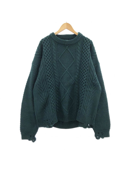 VICTIM/DAMAGE CABLE KNIT/L/グリーン