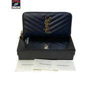 YSL YVES SAINT LAURENT イブサンローラン Vステッチ　長財布　ラウンドジップ ネイビー