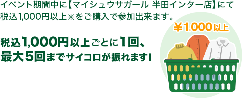 期間中のレシートで一回振れる！　税込1,000円毎に1回、最大5回まで振れる！