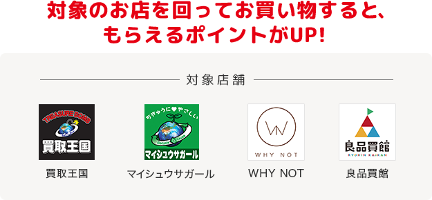買取王国・マイシュウサガール・WHYNOT・良品買館のお店を回ってお買い物すると、もらえるポイントがUP!